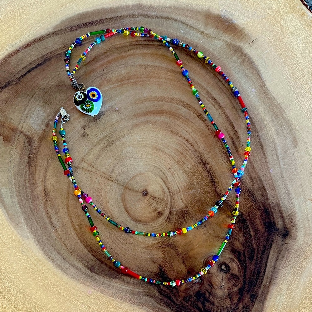 Colorful Beaded Necklace with Heart Pendant 🌺